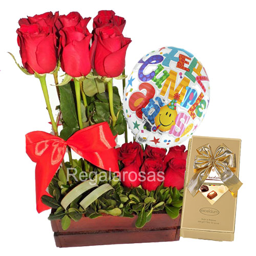 09 Arreglo con 12 rosas rojas ecuatorianas en caja de madera de cumpleaños  – Flores a domicilio Floreria Regala Rosas