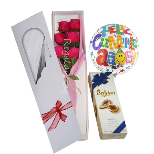 6 rosas ecuatorianas chocolate y globo cumpleaños a domicilio en santiago